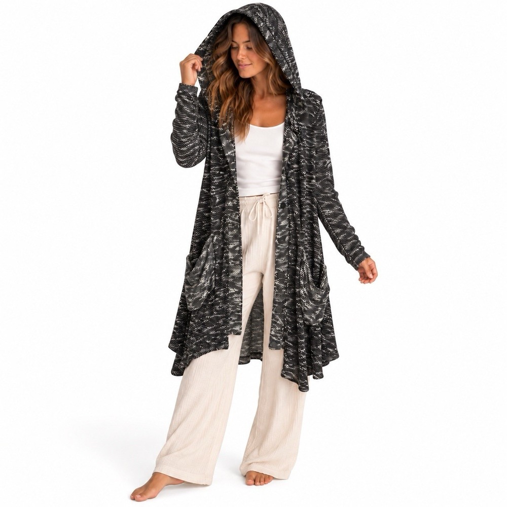 Free People Hooded Long Cardigan XS Boho Chunky Oversize Marled Slouchy Cozy